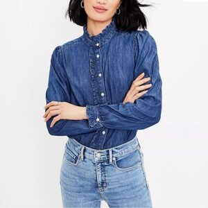 LOFT Ruffled Denim Button-Up Blouse - Blue